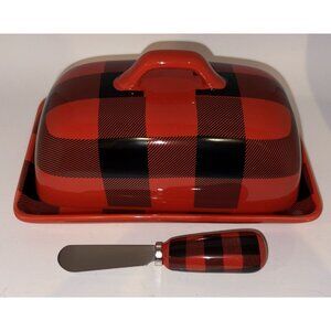 Red Black Buffalo Plaid Ceramic Butter Dish Stainless Steel Knife LTD Commoditie